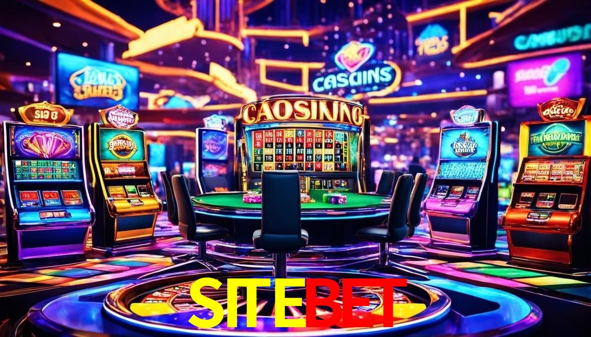 Escena dinámica inspirada en casino con iluminación SITEBET, cartas, fichas e íconos de juegos digitales en un espacio moderno de juegos.