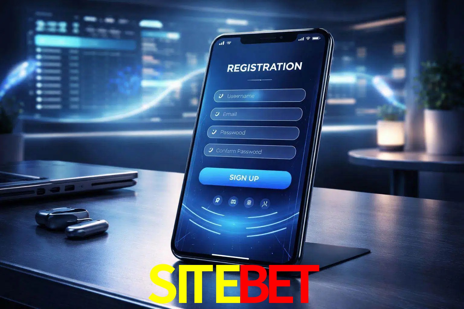 Una interfaz moderna de registro móvil para SITEBET mostrada en un smartphone con un panel de apuestas elegante.